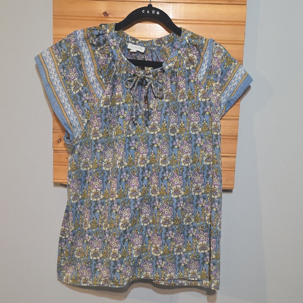 Jennifer & Grace Floral Blue Short Sleeve Blouse Women's Medium